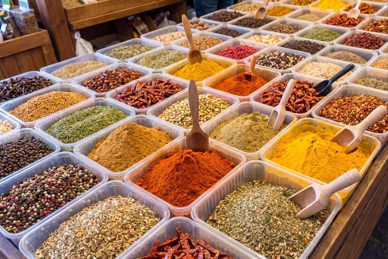 Приправы разных оттенков на торговом прилавке